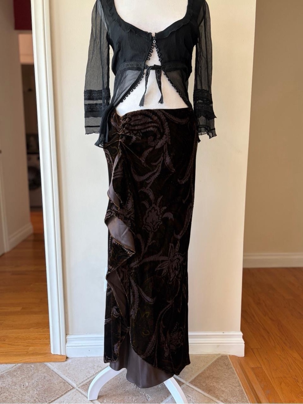 Vintage Ralph Lauren silk velvet burnout maxi ruffle skirt Y2K boho brown S